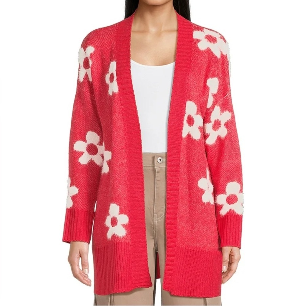 Cute Fluffy Red Cardigan with Daisies​